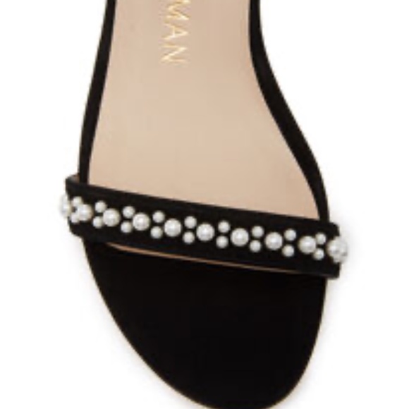 Stuart Weitzman Nunakedstraight Demipearl Sandal Black Suede Stiletto Heel - Picture 5 of 12